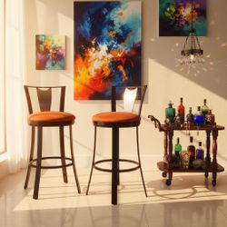 🍊A Pair of Black Metal Swivel Bar Stools with Suede Orange Cushions 