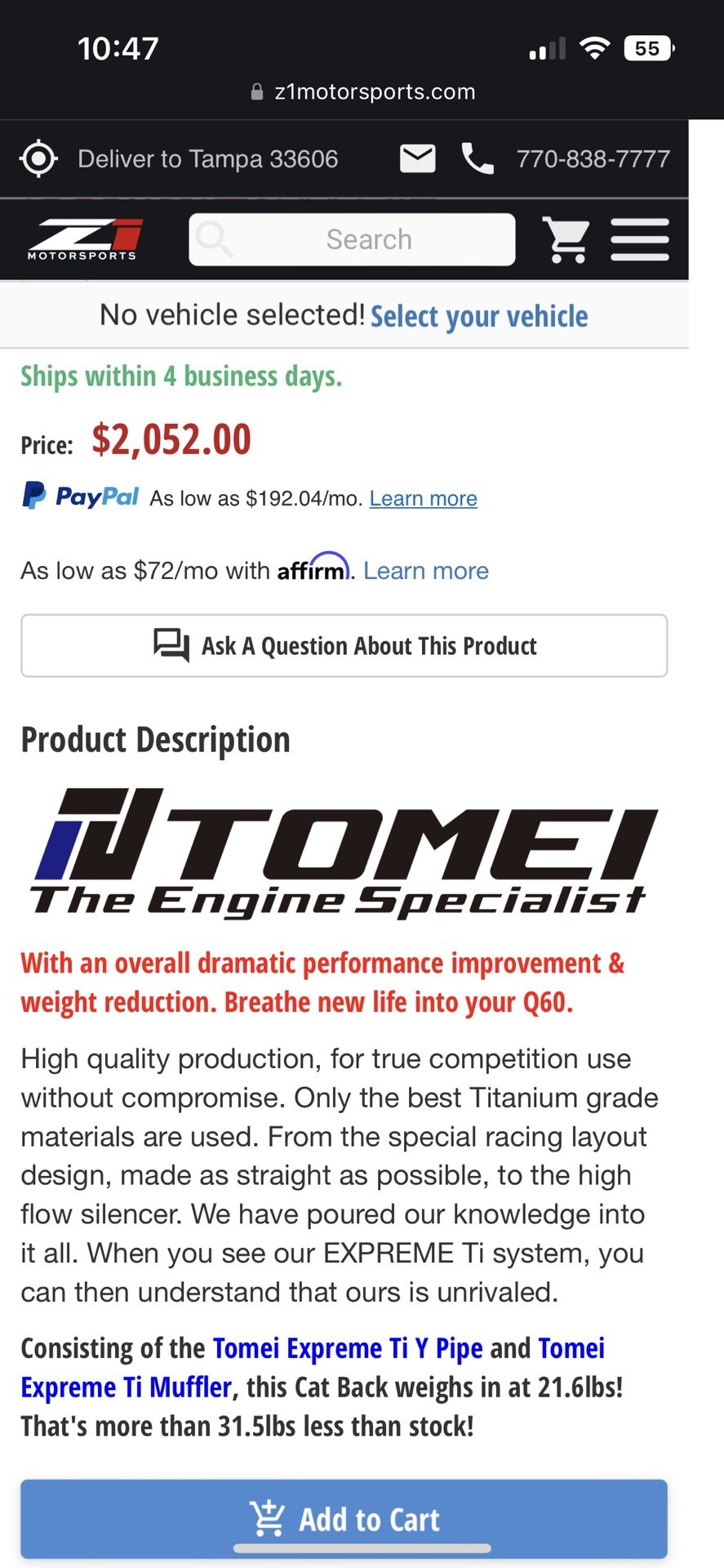Infiniti Q60/Q50 Tomei Full Catback Titanium Exhaust