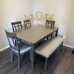 Brand New PAIGE Gray 6-PK DINETTE SET WITH BENCH 60”L 