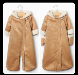 Baby 3-6 Months Tan Shearling Neutral CONVERTIBLE BUNDLER & MITTENS Winter Suit snow bunting Jacket Top shirt