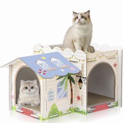 Story Cardboard Cat House with Scratcher Pad for Small Kitten,17x12x10 Multi Level Durable Cat Condo & Villa for Bunny Rabbit Small Animals Christmas 