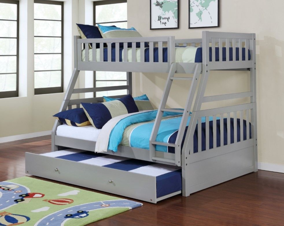 Brand New Gray Finish Twin Over Full Bunk Bed Set