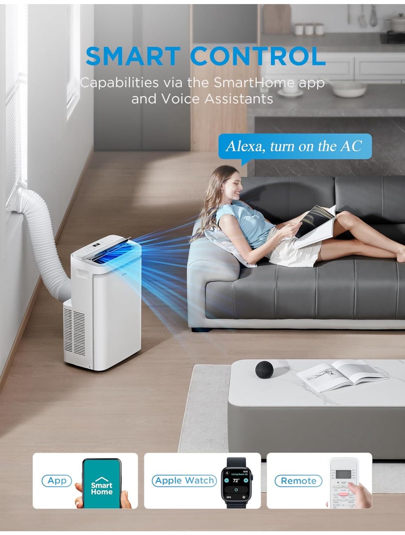 Midea 14,000 BTU ASHRAE (10,000 BTU SACC) Portable Air Conditioner, Cools up to 450 Sq.Ft., with Dehumidifier & Fan mode, Control with Remote, Amazon