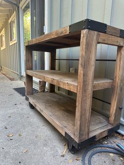 Rustic Industrial Wood and Metal Rolling Shelf