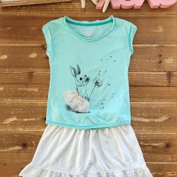 5T 2-PIECE OUTFIT TURQUOISE BUNNY IN SKIRT TEE W/WHITE EYELET TRIM SKIRT