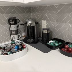 Breville Chrome Nespresso Machine + Milk Frother + Pods + Mugs + Matt