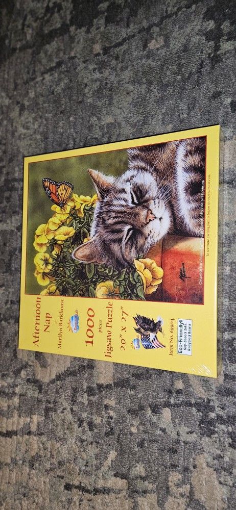 'Afternoon Nap' 1000pc Jigsaw Puzzle Cat Napping In Flowers. Brand New Sealed!!!