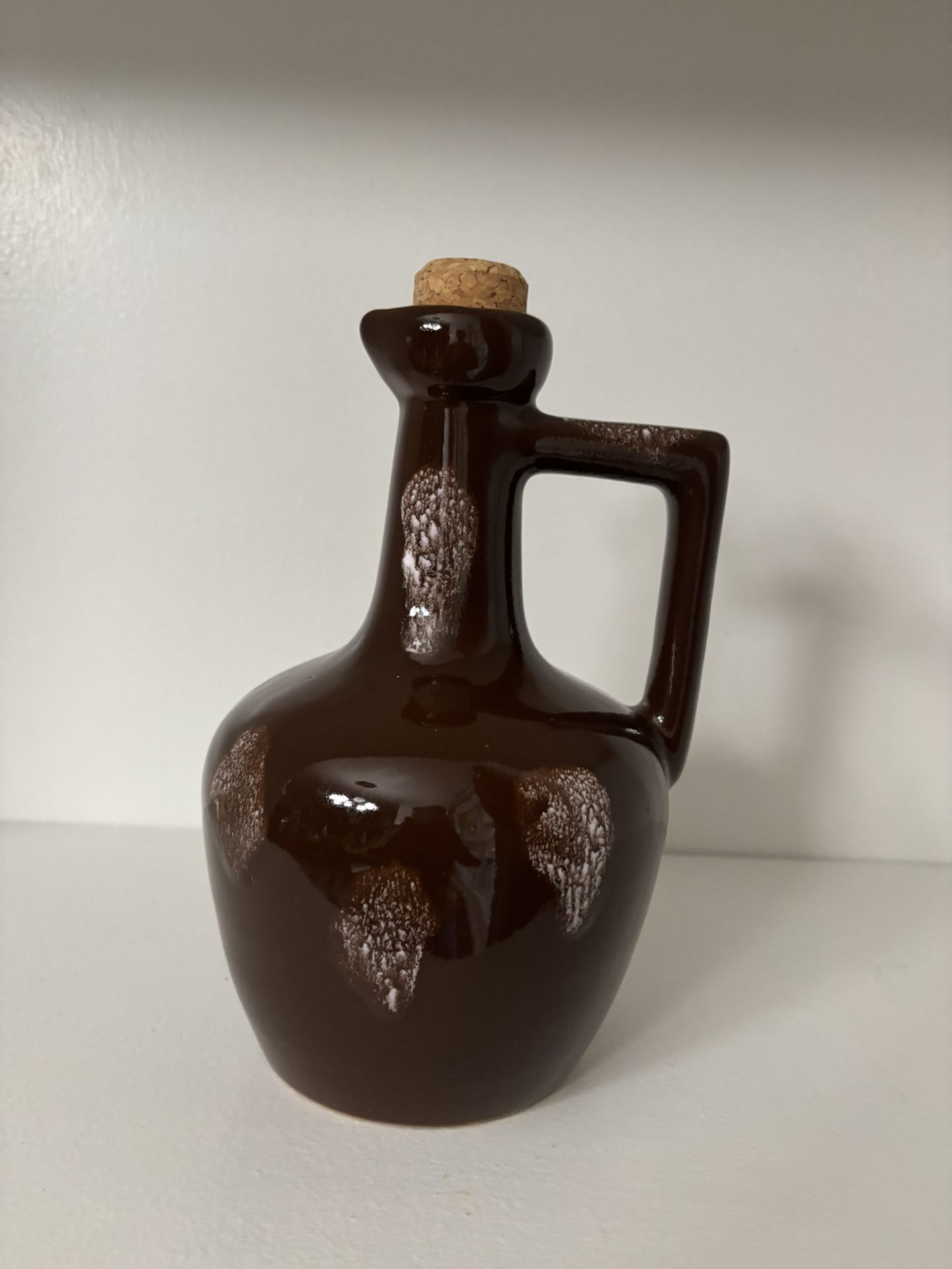 Vintage 1950s Leroux Ceramic Brown Pottery Liqueur Bottle With Handle And Cork