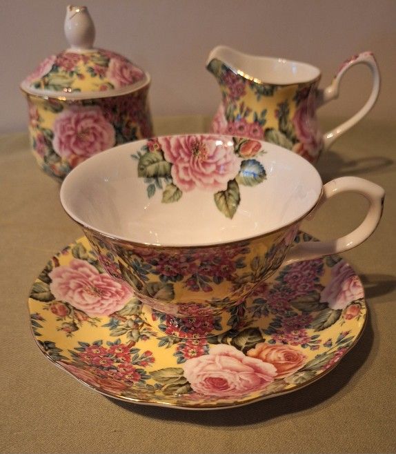 English Pink Peony Rose Chintzware China Teacup & Saucer, Matching Sugar & Creamer Set