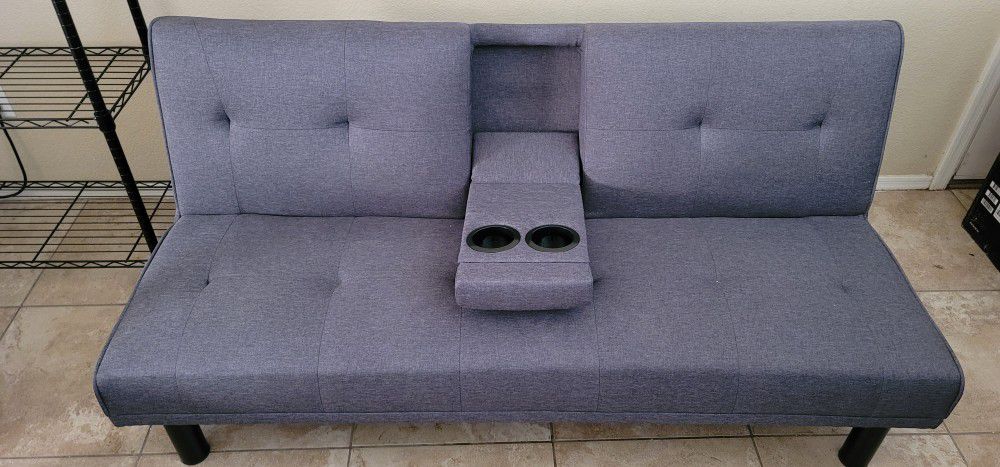 Like New Gray Futon Couch with Cupholders