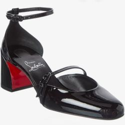 CHRISTIAN LOUBOUTIN O JANE 55 BLACK PAT. LEATHER ANKLE STRAP PUMP SZ 38.5 NEW