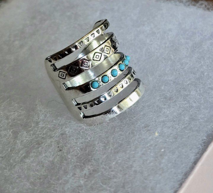 TIERED MULTI BAND TURQUOISE NEW SIZE 7 UNISEX BOHO TREND  ON RING/ COMPARE AT 69.99
