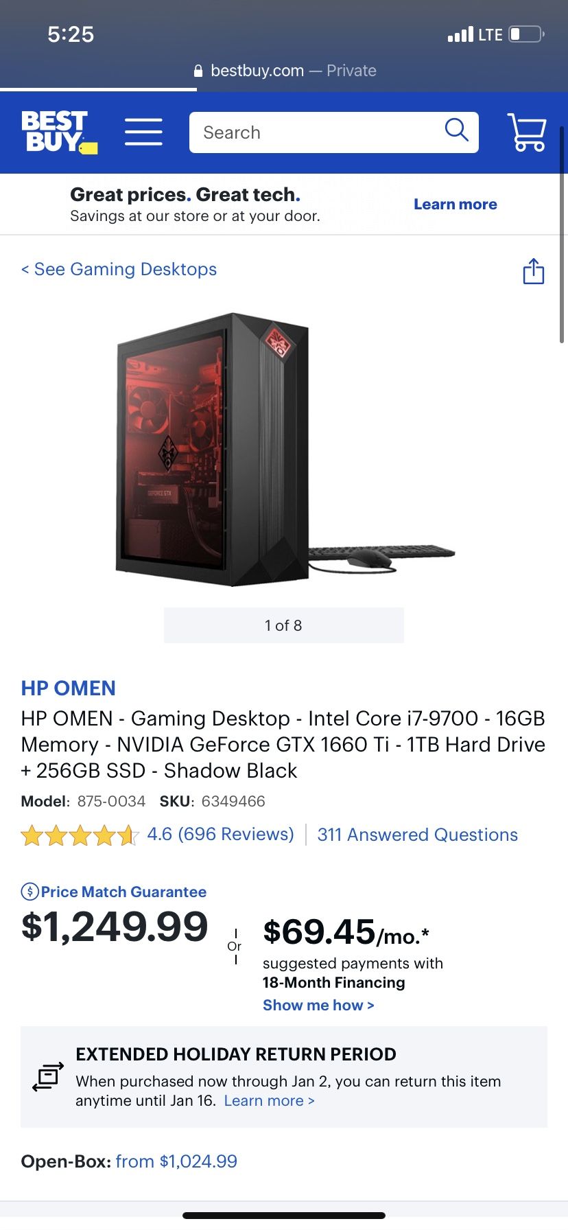 Gaming Pc HP OMEN - Gaming Desktop - Intel Core i7-9700 - 16GB Memory - NVIDIA GeForce GTX 1660 Ti - 1TB Hard Drive + 256GB SSD - Shadow Black