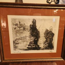 Vintage etching framed art drawing by Oskar Schenk Charles Bridge in Prague Germany size 17x20"