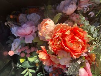 Box of Silk Flowers and Metal Heart Flowers