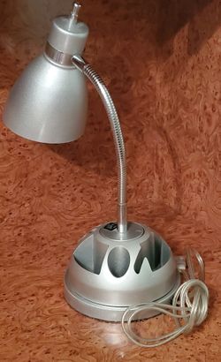 Desk silver lamp E184412 Portable with organizer task compartment & flexible neck