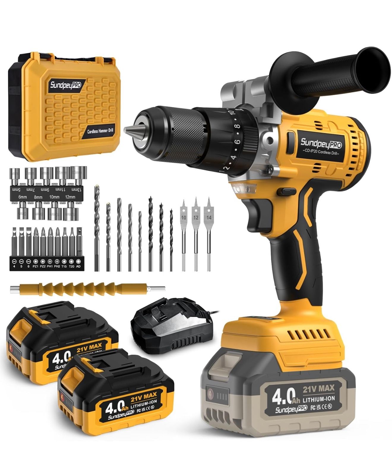 21V Cordless Hammer Drill - 1060In·lbs Brushless Drill Set with 2 x 4.0Ah Battery - 20+3 Torque Battery Drills 2150RPM Power Drills 1/2" Chuck Electri