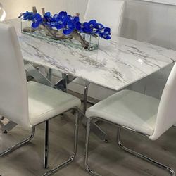 ALL WHITE dining table W/ MARBLE LOOK