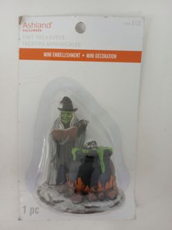 RARE Ashland Halloween Tiny Treasures Mini Embellishment Green Witch with Skull Cauldron