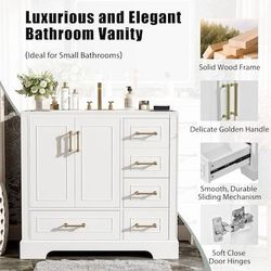 ES113 $400  36-in White Undermount Single Sink Bathroom Vanity with White Top and Four Drawers  Modern Design: Modern style and vintage handle design 