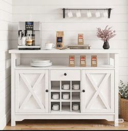 Farmhouse Coffee Bar Cabinet with Storage, White Coffee Bar with Drawer, Kitchen Buffet Cabinet with Barn Door, Wine Bar Cabinet with 9 Wine Racks for