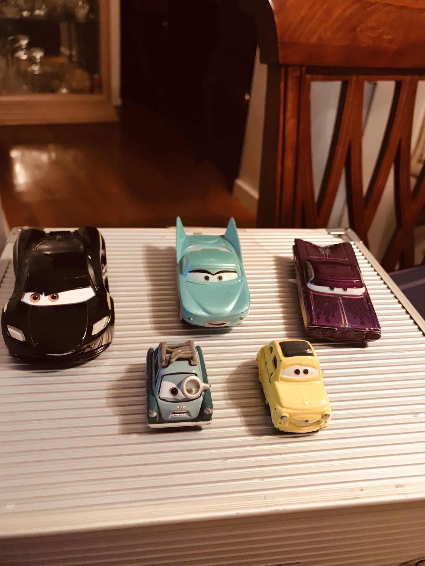 (5) Die Cast Cars (2) in the front are mini cars, black one is rare Lewis Hamilton, Flo and Purple Ramone