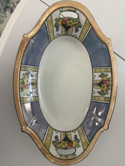 Vint~ART DECO~Noritake~HAND PAINTED~Blue Lustre Ware~CELERY DISH~Oval~GOLD~12.5"