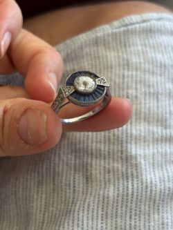 Art Deco blue sapphire cz sterling ring sz 8 1/4