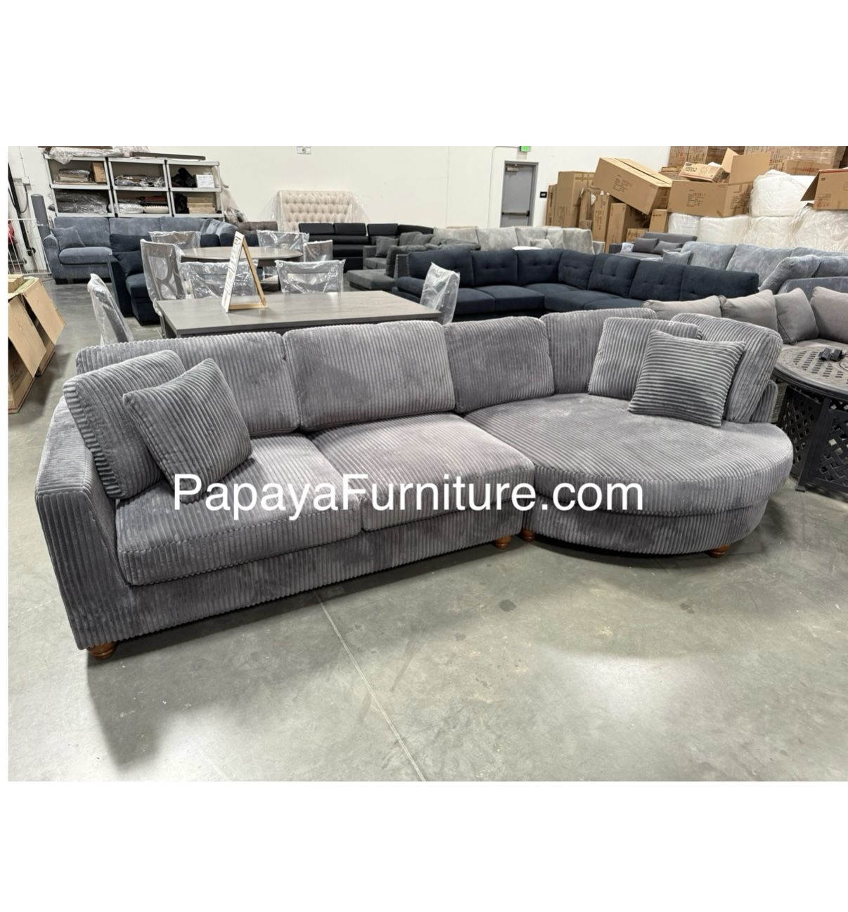 New! Plush Grey Sectional Sofa With Round Chaise, Sectional, Sectional Couch,Sofa, Grey Couch, Grey Sofa, Modern Sectional, Contemporary Furniture Dim