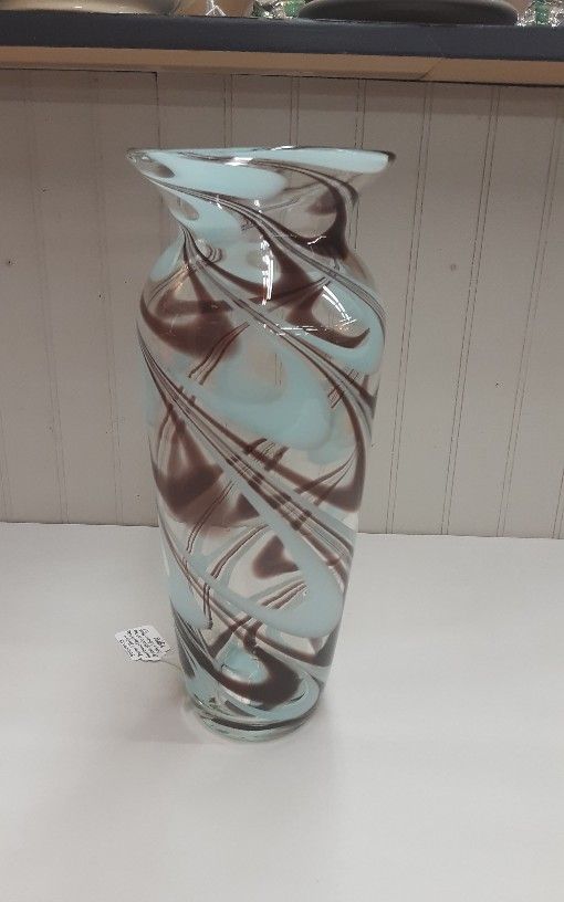 Burton & Burton Hand Blown Clear Art Glass Vase W/ Swirls Coffee & Powder Blue- Located In Shelton
