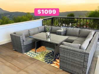 Outdoor Wicker Sectional Sofa Set with Dining Table