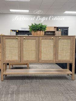 55" Cherry Sideboard Buffet Cabinet with Rattan Doors, Rustic Farmhouse Coffee Bar Cabinet with Open Shelf, Warm Wood Credenza & Console Table for Kit