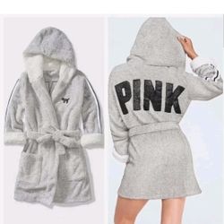 Victoria's Secret Pink Bling Glitter Sherpa Lined Hooded Cozy Robe Gray XS/S