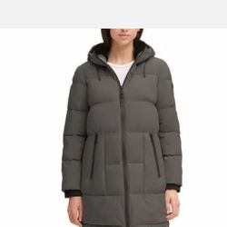 Andrew Marc Ladies' Long Stretch Parka Coat Fur Lined Hood Jacket, Light Grey Xl