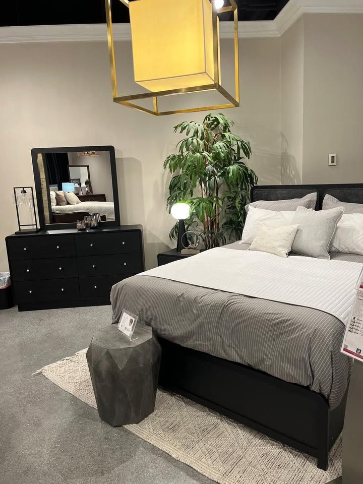 Brand New Modern Queen bedroom set features upholstered headboard creates soft, inviting presence