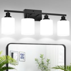 MOKATNG 4-Light Bathroom Light Fixtures, Vanity Light With Milky White Shades, Matte Black Bathroom Light Fixtures Over Mirror, Modern Bathroom Wall L