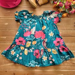 18-24MOS 2-PIECE SET TEAL GREEN MULTICOLOR FLORAL & FOREST ANIMAL PRINT COTTON RUFFLE DRESS W/MATCHING BLOOMER 