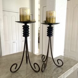 2 Brass Cobalt Blue Glass 18” Rustic Handmade Pillar Candle Holders with Candles.