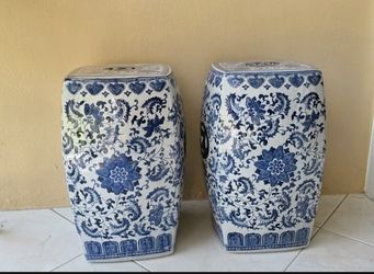 Rare Pair Vintage White & Blue Floral Vine Garden Stool,19" H x 10" W.