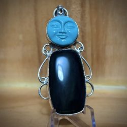 Antique 1930s Deco Silver Jasper Moon Face Large Necklace Pendant 12g