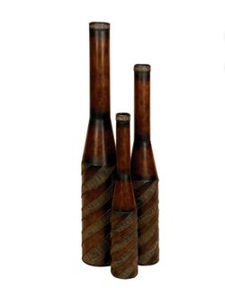 3 rustic iron metal & leather floor vases