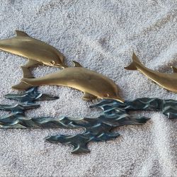 Large Braas Dolphin / Dolphins / Ocean Waves Unique Gold And Blue Wall Decor / Hanging / Sculpture