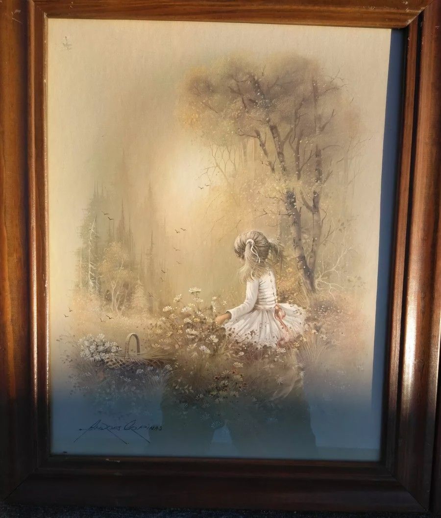 Rare Andreas Orpinas Vintage LithographicPrint“Girl Picking Flowers”in WoodFrame