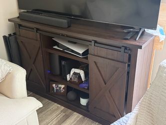 TV Stand for 65 Inch TV, Sliding Barn Doors, Brown Entertainment Center