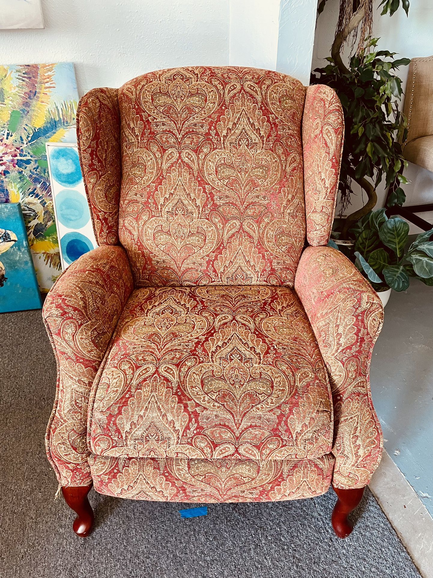 Beautiful Red Fabric Pattern Recliner - Works Well & Very Good Condition 