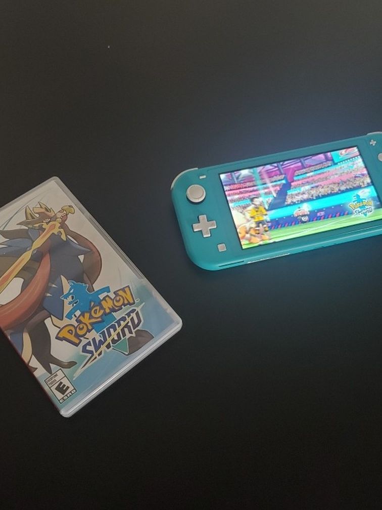 Nintendo Switch Lite (Blue) with charger, carrying case and Pokémon Sword.