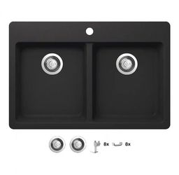 Glacier Bay Stonehaven 33 in. Drop-In 50/50 Double Bowl Black Onyx Granite Composite Kitchen Sink with Stainless Steel Strainer