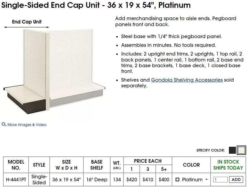 Uline Lozier Gondola Shelving End Cap Unit And Shelves 36x19x54”