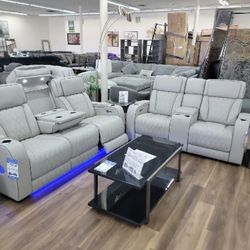 New Genuine Grey Leather Reclining Power Sofa And Love Seat Couch Set  