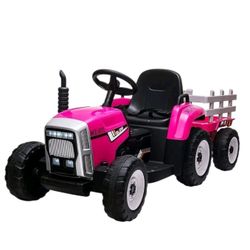 12V Kids On Car Electric Tractor with Trailer for Toddlers ( ROSE RED)